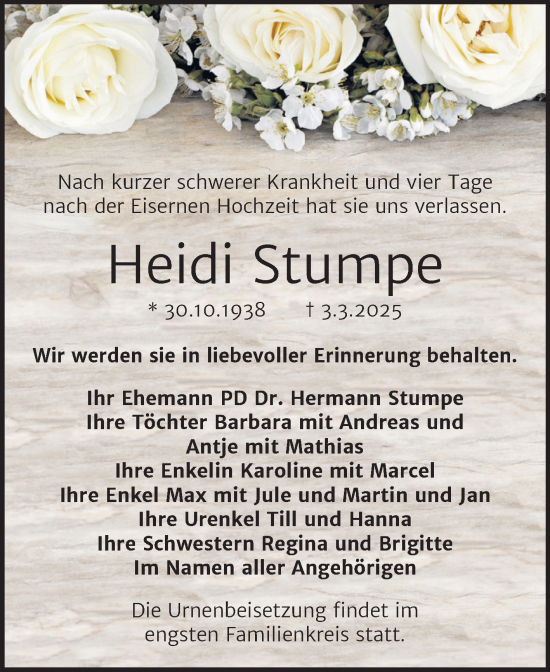 Traueranzeige von Heidi Stumpe von Naumburger Tageblatt