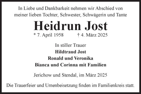 Traueranzeige von Heidrun Jost von Volksstimme Altmark Ost