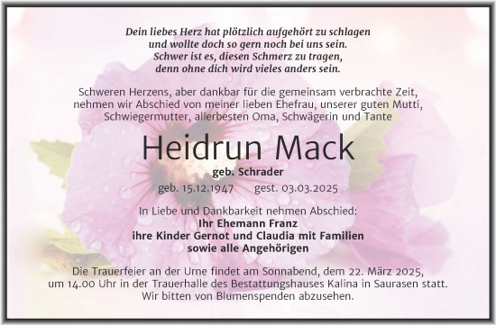 Traueranzeige von Heidrun Mack von Trauerkombi Mansfelder Land
