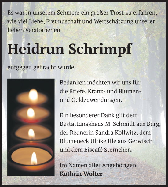 Traueranzeige von Heidrun Schrimpf von Volksstimme Burg/Genthin
