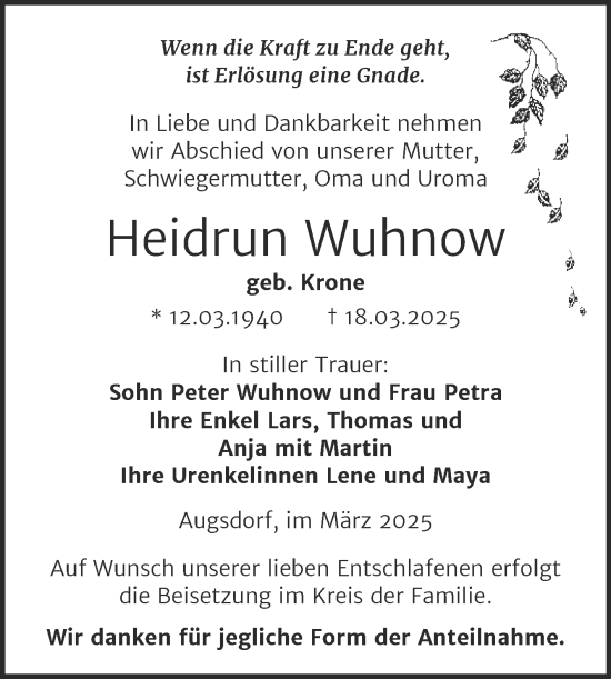 Traueranzeige von Heidrun Wuhnow von Trauerkombi Mansfelder Land