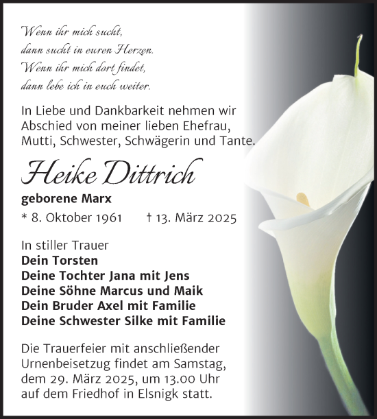 Traueranzeige von Heike Dittrich von Trauerkombi Dessau