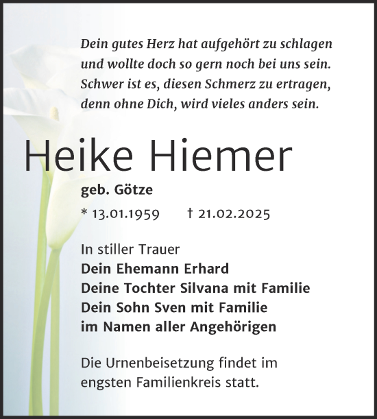 Traueranzeige von Heike Hiemer von Trauerkombi Merseburg