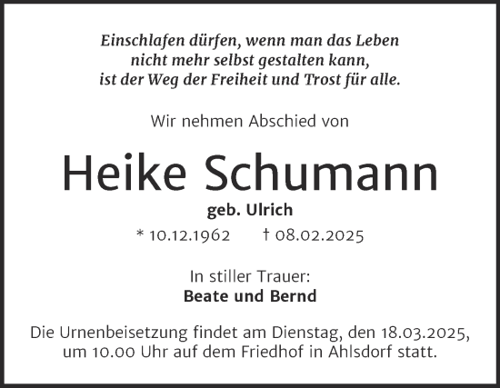 Traueranzeige von Heike Schumann von Mitteldeutsche Zeitung Mansfelder Land