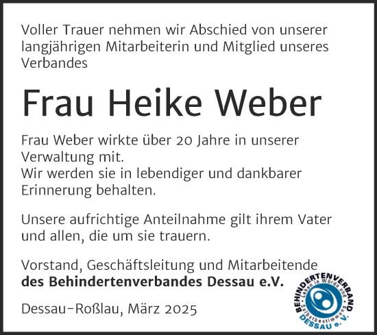 Traueranzeige von Heike Weber von Mitteldeutsche Zeitung Dessau-Roßlau