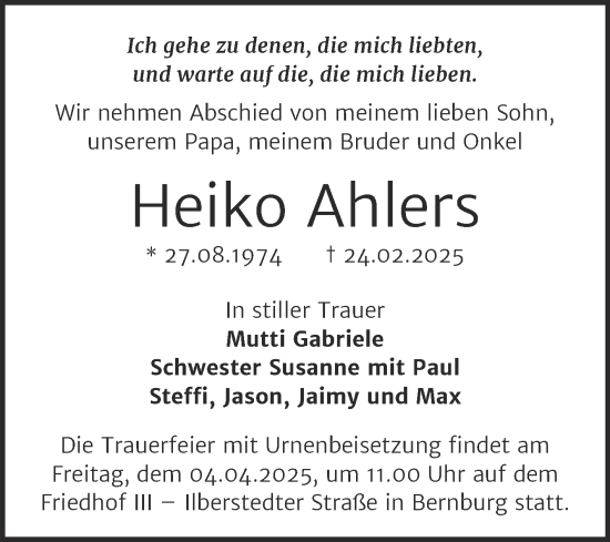 Traueranzeige von Heiko Ahlers von Trauerkombi Bernburg