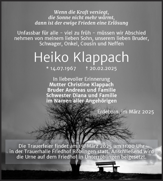 Traueranzeige von Heiko Klappach von Trauerkombi Mansfelder Land