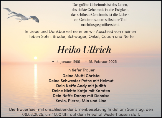 Traueranzeige von Heiko Ullrich von Trauerkombi Quedlinburg