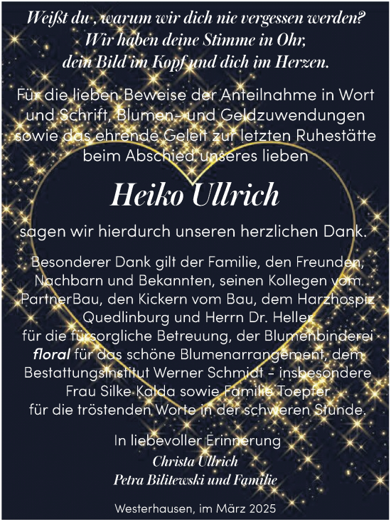 Traueranzeige von Heiko Ullrich von Trauerkombi Quedlinburg