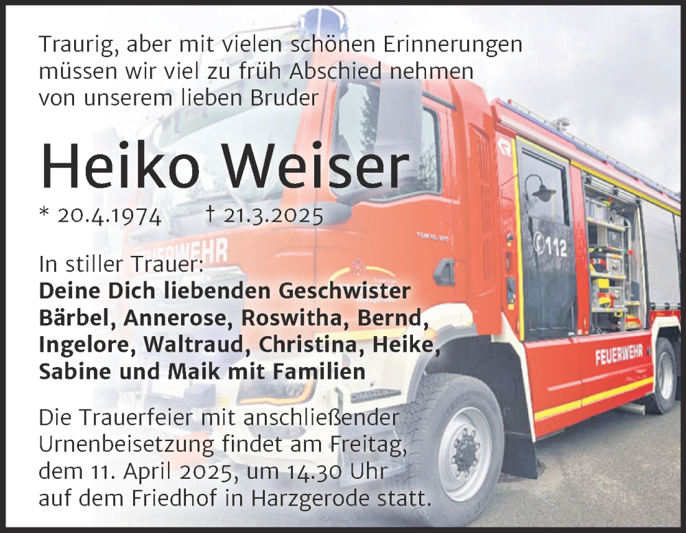  Traueranzeige für Heiko Weiser vom 29.03.2025 aus Trauerkombi Quedlinburg