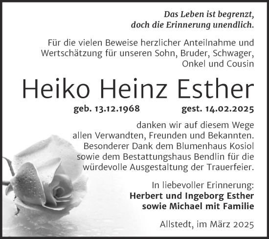 Traueranzeige von Heiko Heinz Esther von Trauerkombi Sangerhausen