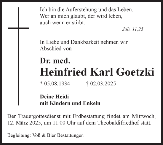Traueranzeige von Heinfried Karl Goetzki von Volksstimme Wernigerode