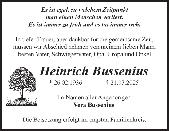 Traueranzeige von Heinrich Bussenius von Volksstimme Staßfurt