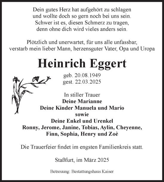 Traueranzeige von Heinrich Eggert von Volksstimme Staßfurt