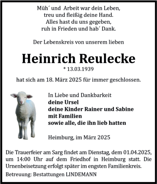 Traueranzeige von Heinrich Reulecke von Volksstimme Wernigerode
