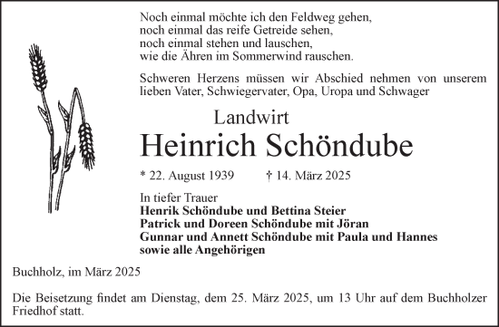 Traueranzeige von Heinrich Schöndube von Volksstimme Altmark Ost
