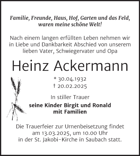 Traueranzeige von Heinz Ackermann von Super Sonntag Naumburg/Nebra