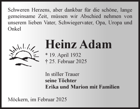 Traueranzeige von Heinz Adam von Volksstimme Burg/Genthin