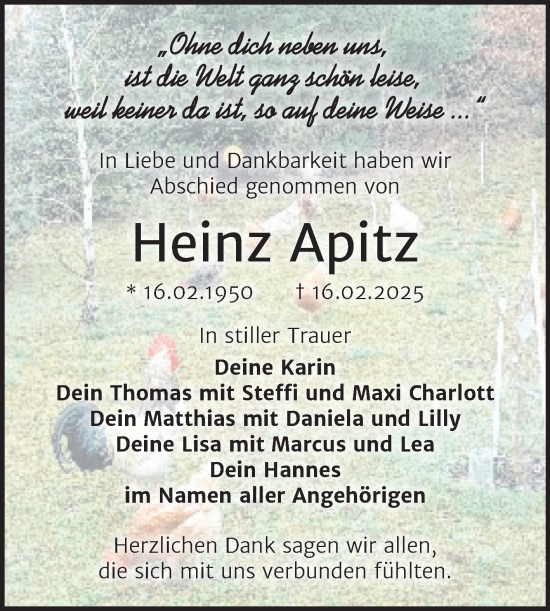 Traueranzeige von Heinz Apitz von Trauerkombi Wittenberg