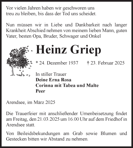 Traueranzeige von Heinz Griep von Volksstimme Altmark West