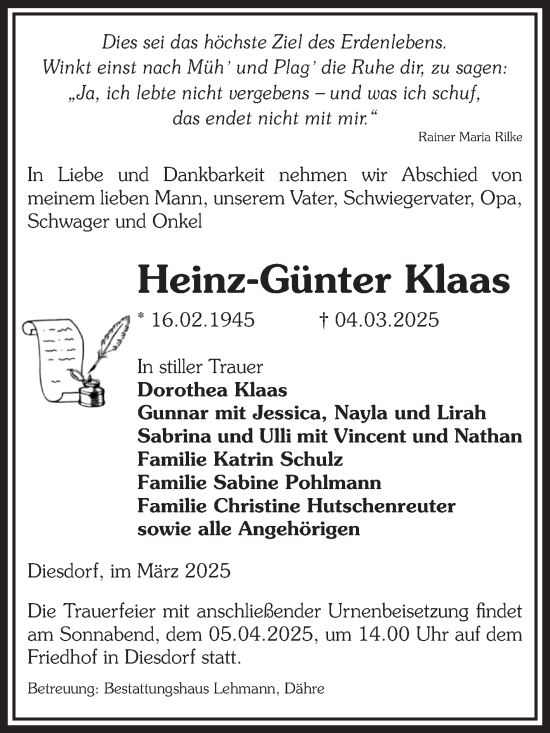 Traueranzeige von Heinz-Günter Klaas von Volksstimme Altmark West