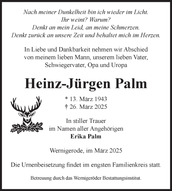 Traueranzeige von Heinz-Jürgen Palm von Volksstimme Wernigerode