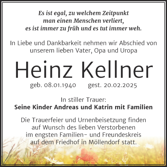 Traueranzeige von Heinz Kellner von Trauerkombi Mansfelder Land