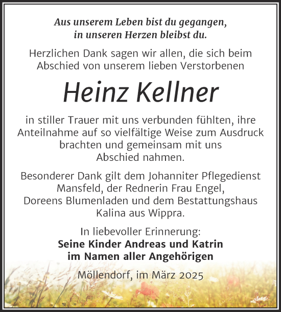 Traueranzeige von Heinz Kellner von Trauerkombi Mansfelder Land