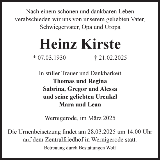 Traueranzeige von Heinz Kirste von Volksstimme Wernigerode
