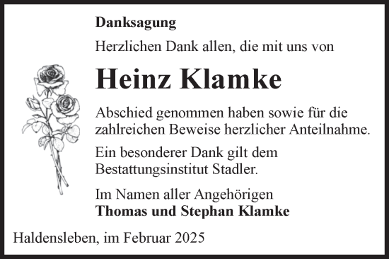 Traueranzeige von Heinz Klamke von Volksstimme Haldensleben/Wolmirstedt