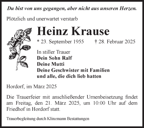 Traueranzeige von Heinz Krause von Volksstimme Oschersleben/Wanzleben
