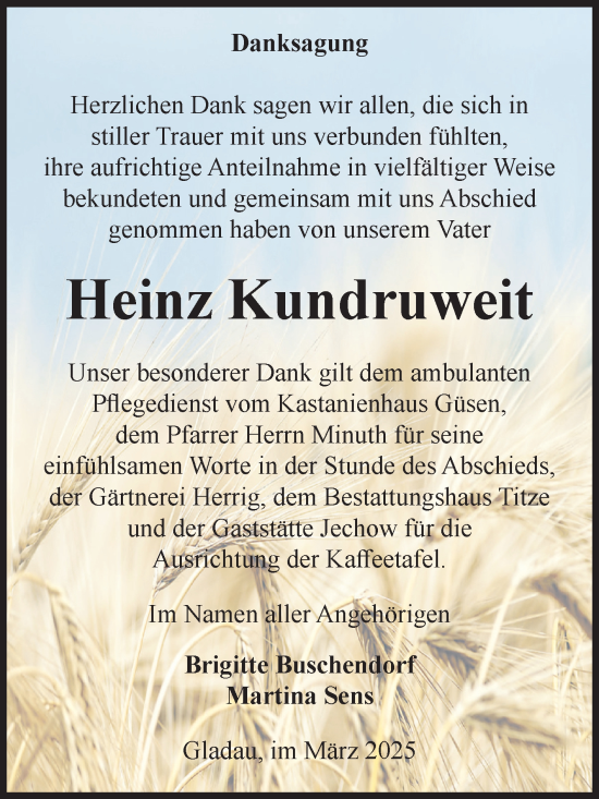 Traueranzeige von Heinz Kundruweit von Volksstimme Burg/Genthin