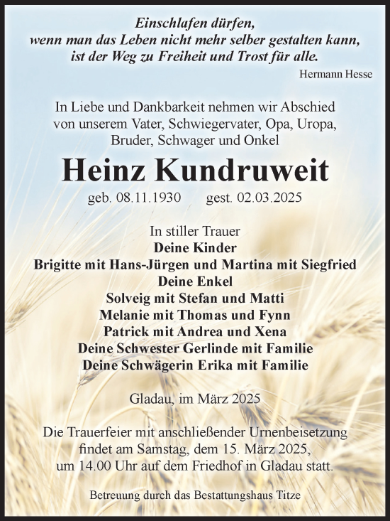 Traueranzeige von Heinz Kundruweit von Volksstimme Burg/Genthin