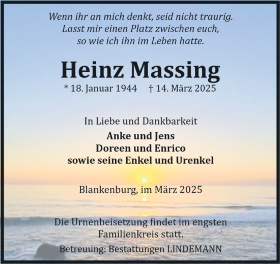 Traueranzeige von Heinz Massing von Volksstimme Wernigerode