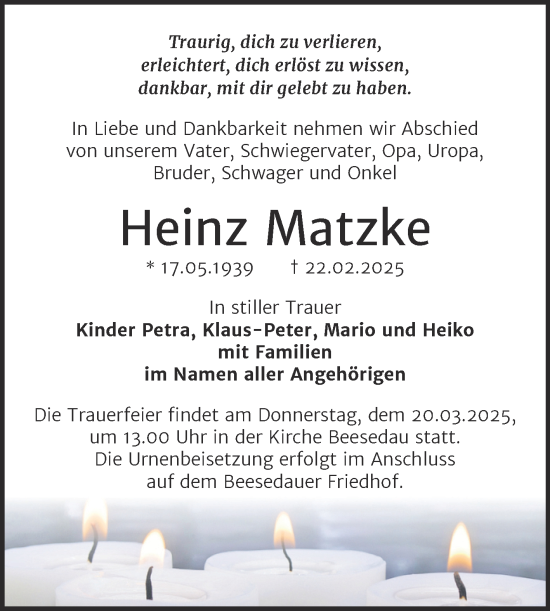Traueranzeige von Heinz Matzke von Trauerkombi Bernburg
