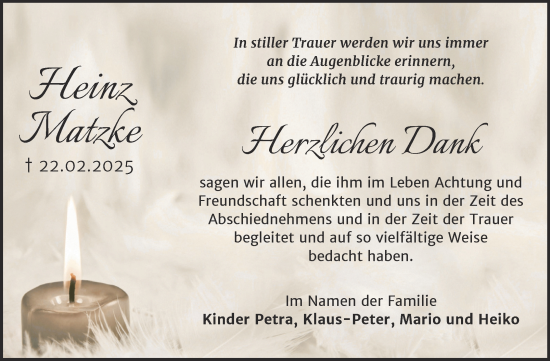 Traueranzeige von Heinz Matzke von Trauerkombi Bernburg