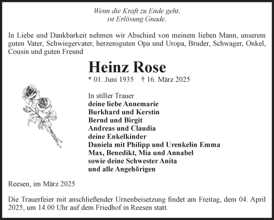 Traueranzeige von Heinz Rose von Volksstimme Burg/Genthin