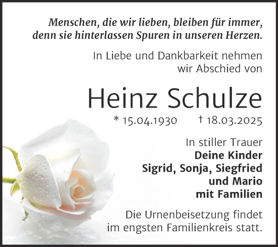 Traueranzeige von Heinz Schulze von Trauerkombi Sangerhausen