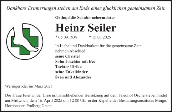 Traueranzeige von Heinz Seiler von Volksstimme Oschersleben/Wanzleben