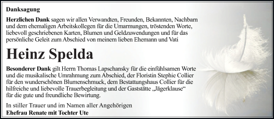 Traueranzeige von Heinz Spelda von Trauerkombi Dessau