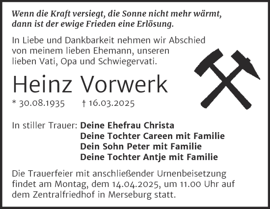 Traueranzeige von Heinz Vorwerk von Trauerkombi Merseburg