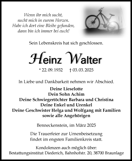 Traueranzeige von Heinz Walter von Volksstimme Wernigerode