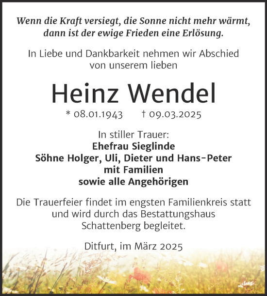 Traueranzeige von Heinz Wendel von Trauerkombi Quedlinburg
