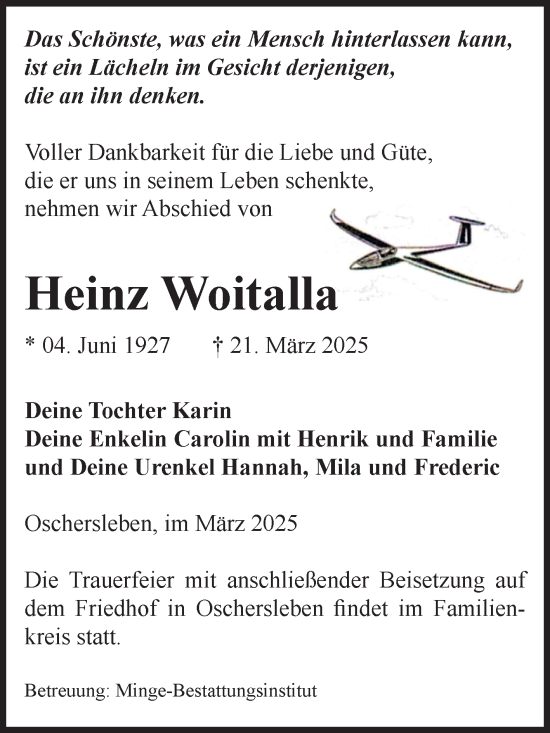 Traueranzeige von Heinz Woitalla von Volksstimme Oschersleben/Wanzleben