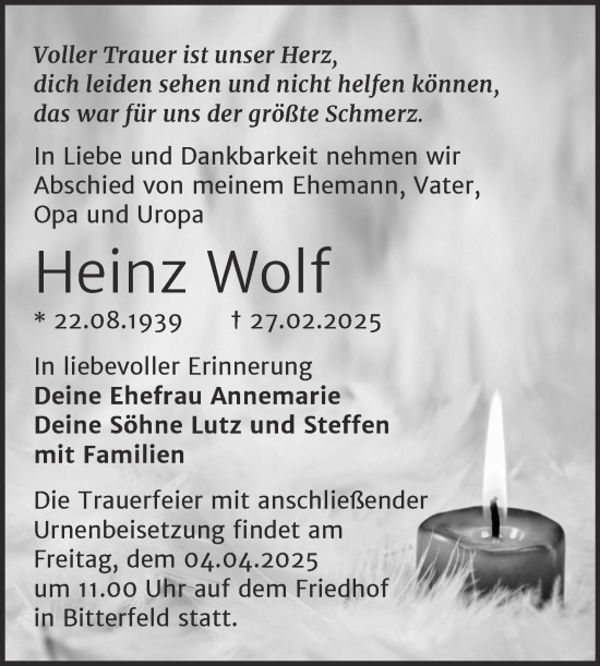 Traueranzeige von Heinz Wolf von Trauerkombi Bitterfeld