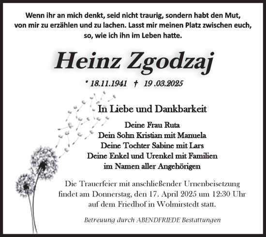 Traueranzeige von Heinz Zgodzaj von Volksstimme Haldensleben/Wolmirstedt