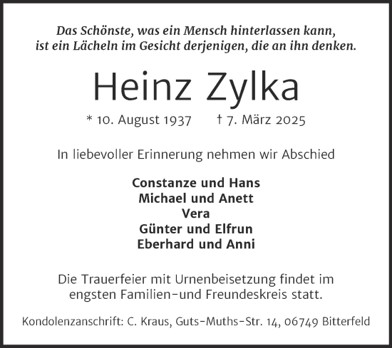 Traueranzeige von Heinz Zylka von Trauerkombi Bitterfeld