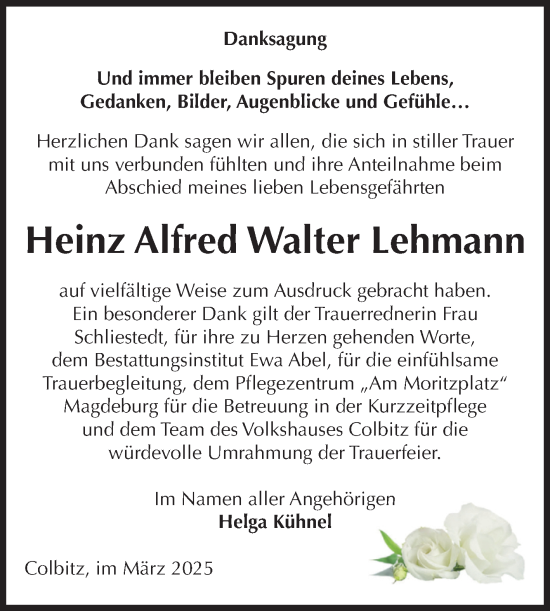 Traueranzeige von Heinz Alfred Walter Lehmann von Volksstimme Haldensleben/Wolmirstedt