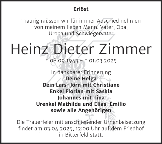 Traueranzeige von Heinz Dieter Zimmer von Trauerkombi Bitterfeld