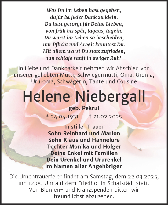 Traueranzeige von Helene Niebergall von Trauerkombi Merseburg